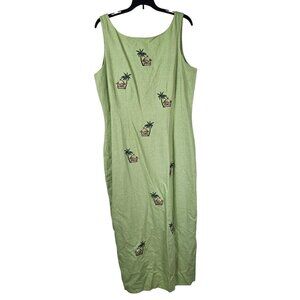 Vintage Linen Maxi Dress 14 Embroidered Tropical Beach Motif Lightweight‎ Artsy